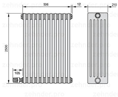 Схема (чертеж) Радиатор Zehnder Charleston 6250/11 №V003 Белый глянцевый RAL 9016